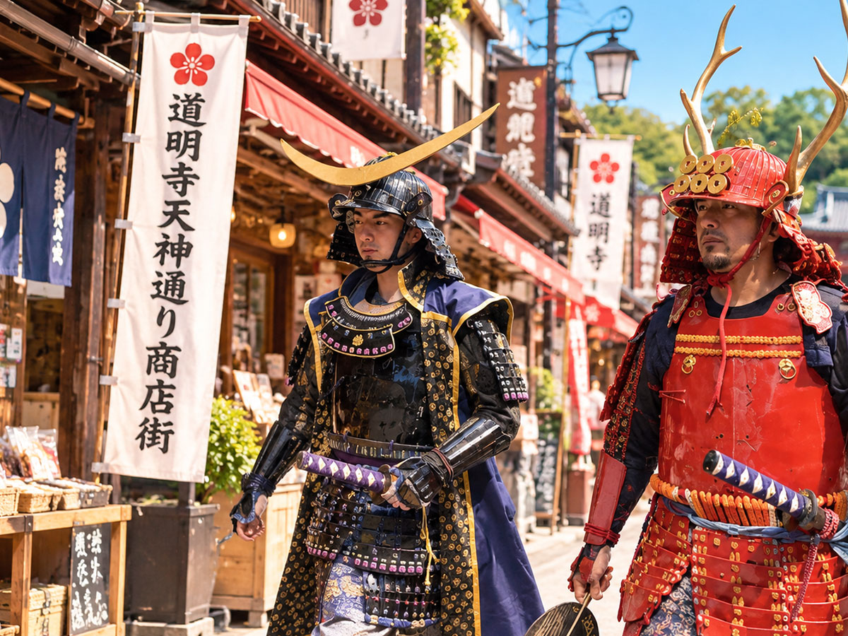 甲冑姿で商店街を散策